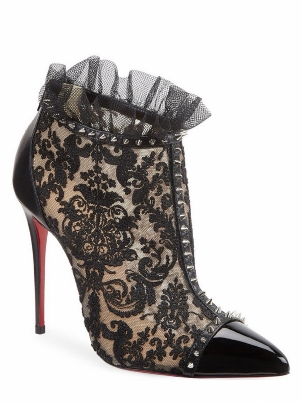 Christian Louboutin Pigalla Black Lace Ruffle Spike Ankle Boot